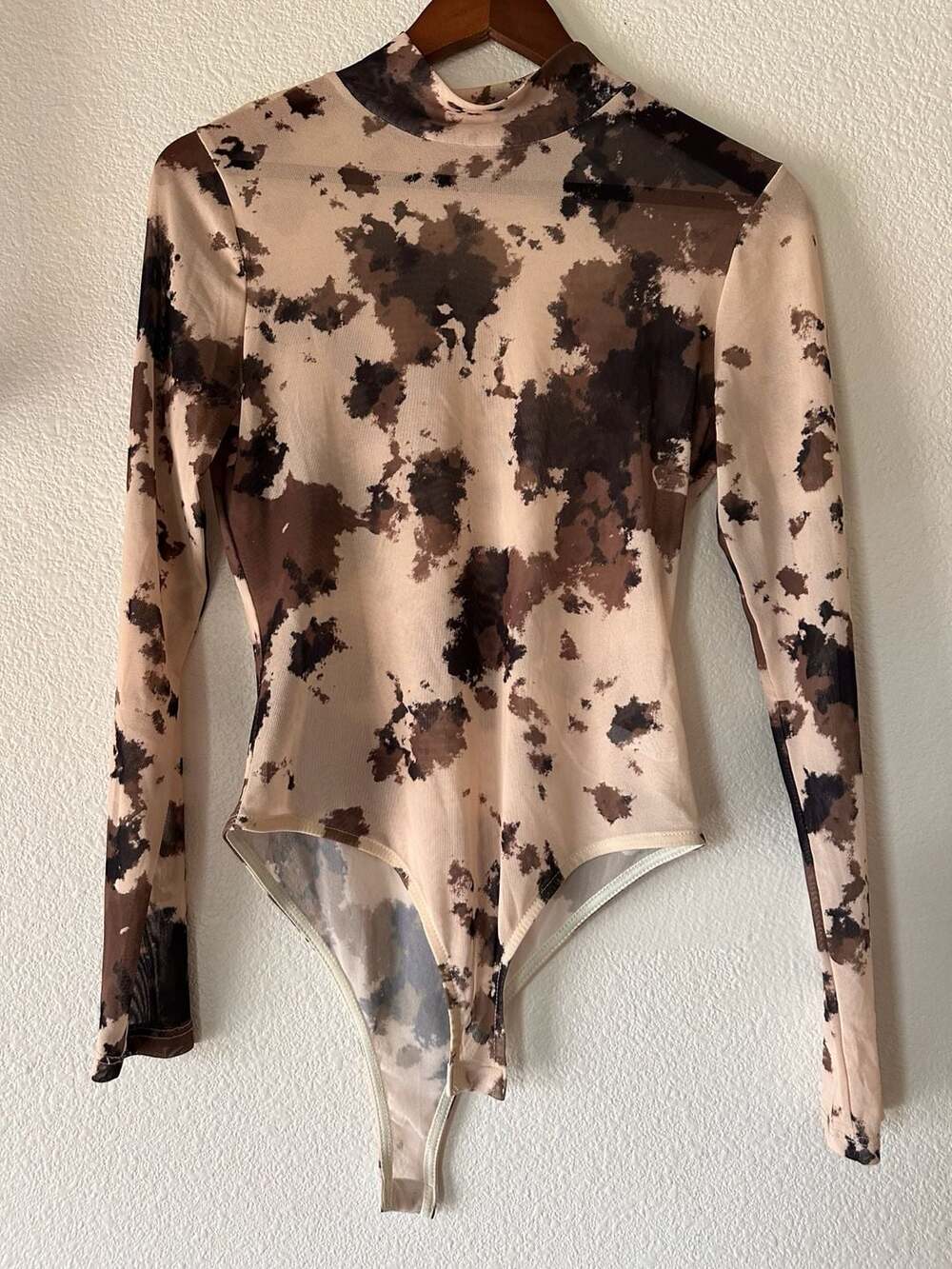 Nylon Apparel Bodysuit Size M Cow Print Western Mock Neck Long Sleeve